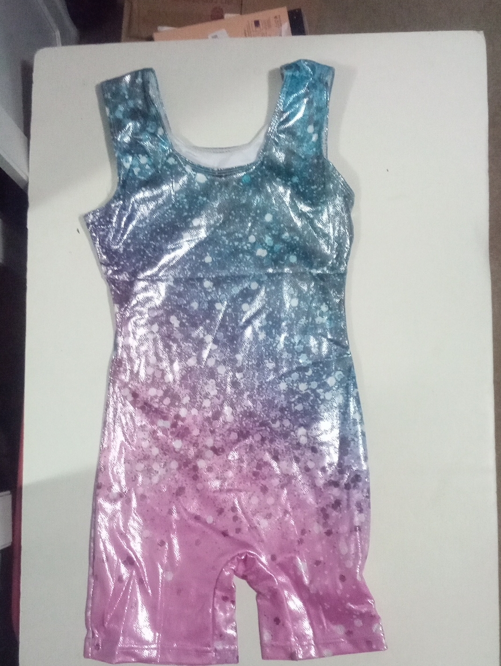 Girls Shimmery Galaxy Ombre Tank Romper Sz 10 12 Teal to Pink Gym Dance